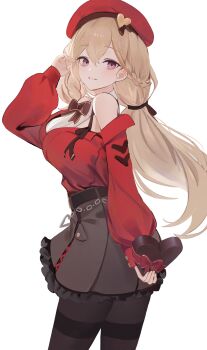 1girl absurdres bare_shoulders belt beret black_pantyhose black_survival bow bowtie box braid breasts brown_hair brown_skirt cowboy_shot eternal_return:_black_survival eva_(black_survival) eva_(sweet_valentine)_(black_survival) from_side grin hair_ribbon hand_up hashtag-only_commentary hat heart-shaped_box highres holding holding_box large_breasts long_hair looking_at_viewer looking_to_the_side miniskirt multicolored_hair official_alternate_costume pantyhose pleated_skirt purple_eyes red_hat red_shirt ribbon shirt shirt_tucked_in simple_background skirt sleeveless sleeveless_shirt smile solo standing streaked_hair suspenders takealook thighband_pantyhose undershirt white_background white_shirt