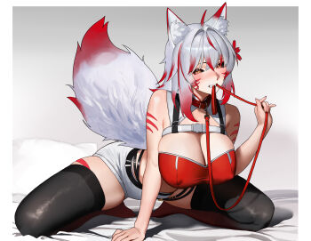 1girl absurdres ahoge animal_ear_fluff animal_ears bed black_sclera black_thighhighs breasts collar colored_sclera covered_erect_nipples elegia facial_mark gradient_hair grey_hair grin highres large_breasts leash looking_at_viewer multicolored_hair on_bed orange_eyes original pillow red_hair shorts smile solo tail thighhighs two-tone_hair variant_set white_shorts wolf_ears wolf_girl wolf_tail