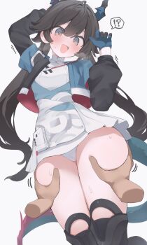 !? 1girl :d arknights arknights:_endfield black_hair blue_eyes blue_horns blue_jacket blue_tail blush chen_qianyu_(arknights) commentary disembodied_hand dragon_girl dragon_horns dragon_tail dress grabbing_another's_thighs highres hone_kawa horns jacket long_hair long_sleeves looking_at_viewer open_clothes open_jacket open_mouth panties pantyshot smile solo_focus speech_bubble spoken_interrobang tail twintails underwear white_background white_dress white_panties