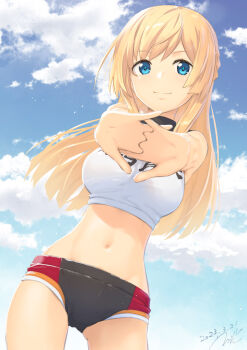 1girl alice_gear_aegis blue_eyes breasts cloud cropped_shirt dated errant highres interlocked_fingers long_hair looking_at_viewer medium_breasts merabuchi_kanami micro_shorts navel shirt shorts signature sky sleeveless sleeveless_shirt smile solo stretching white_shirt