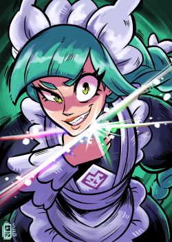 1girl absurdres apron black_romper blunt_bangs bow braid braided_ponytail commentary glowing green_eyes green_hair grin hair_bow highres juliet_sleeves lebanne_(pokemon) long_braid long_hair long_sleeves maid maid_apron maid_headdress mega_stone nintendo open_mouth pokemon pokemon_legends:_z-a puffy_sleeves romper scruffyturtles sharp_teeth smile solo teeth white_bow