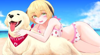 Rule 34 | 1girl, absurdres, aned (fate), bare shoulders, beach, bikini, blonde hair, blue sky, blush stickers, breasts, cleavage, commentary request, dog, fate/grand order, fate (series), food print, fruit print, gareth (fate), gareth (swimsuit saber) (fate), gareth (swimsuit saber) (second ascension) (fate), green eyes, hair flaps, highres, looking at viewer, lying, mcpc zamurai, medium breasts, on side, open mouth, pink bikini, short hair, sky, smile, strawberry print, swimsuit, thighs