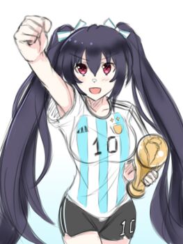 1girl 2022 2022_fifa_world_cup absurdres argentinian_flag argentinian_flag_print black_hair blue_ribbon breasts flag_print hair_between_eyes hair_ribbon happy highres holding holding_trophy long_hair looking_at_viewer medium_breasts neptune_(series) noire_(neptunia) red_eyes ribbon shirt sketch smile soccer_uniform solo sportswear striped_clothes striped_shirt trophy twintails vertical-striped_clothes vertical-striped_shirt very_long_hair world_cup zatsu