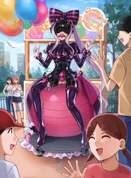 3boys 3girls absurdres animegao ball ball_gag balloon baseball_cap bdsm black_bodysuit black_corset black_hair blindfold bodysuit bodysuit_under_clothes boots bow breast_padding brown_eyes brown_hair capelet closed_eyes commentary corset cosplay crossdressing crossdressing_(mtf) denim dress drooling elisabetlis english_commentary erection faceless faceless_female frilled_dress frills gag gagged hair_bow hat high_heels highres holding holding_balloon kigurumi latex_shirt long_hair looking_at_another low_twintails multiple_boys multiple_girls orange_hair original overlord_(maruyama) ponytail purple_boots purple_dress purple_hair sex_toy shalltear_bloodfallen shalltear_bloodfallen_(cosplay) shiny_clothes skirt stealth_bondage thigh_boots twintails very_long_hair vibrator waving x-ray