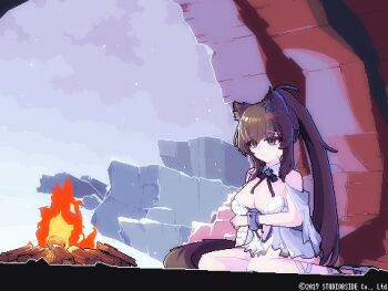 1girl 2017 animal_ear_fluff animal_ears animated animated_gif awakened_yoo_mina_(counter:side) bare_shoulders black_ribbon blinking breasts breath breathing_on_hands brown_hair campfire cave cleavage cold company_name copyright_notice counter:side dress frown large_breasts long_hair looking_down looping_animation neck_ribbon official_alternate_costume official_art pixel_art purple_eyes ribbon short_dress single_wrist_cuff sitting snowing solo tail torn_clothes torn_dress trembling warming_hands white_dress wolf_ears wolf_girl wolf_tail wrist_cuffs yokozuwari yoo_mina