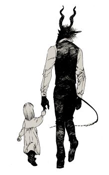 1boy 1girl body_fur boots child dress from_behind full_body furry furry_male greyscale highres holding_hands horns long_hair monochrome nagabe sensei_(totsukuni_no_shoujo) shiva_(totsukuni_no_shoujo) simple_background tail totsukuni_no_shoujo vest walking white_background