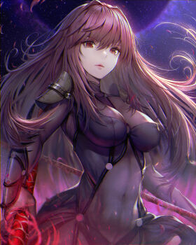 1girl armor bodysuit breasts closed_mouth commentary covered_erect_nipples covered_navel dual_wielding fate/grand_order fate_(series) gae_bolg_(fate) holding light_particles lips long_hair looking_at_viewer medium_breasts norari_kuno pauldrons polearm purple_bodysuit purple_hair red_eyes red_hair revision scathach_(fate) shoulder_armor skin_tight solo spear standing static weapon