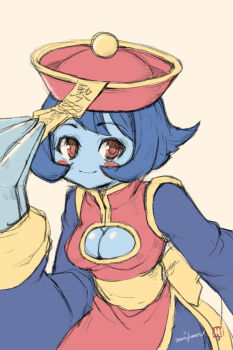 1girl 2022 artist_name baggy_pants blue_skin blush_stickers bow breasts capcom chinese_clothes claw_(weapon) claws cleavage cleavage_cutout clothing_cutout colored_skin commentary darkstalkers djmikan1 dress english_commentary flats flipped_hair ghost hair_between_eyes hat highres holding holding_ofuda hsien-ko jiangshi large_breasts long_sleeves looking_at_viewer mandarin_collar ofuda pants purple_hair qingdai_guanmao sash short_hair smile upper_body waist_bow weapon yellow_bow yellow_eyes yellow_sash yellow_trim