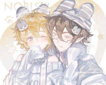 2boys absurdres ahoge alternate_costume animal_ears animal_hat anmicius aotu_world aqua_eyes bare_shoulders bishounen blonde_hair blue_eyes blush brown_hair chinese_commentary collar crossdressing crossdressing_(mtf) english_text fake_animal_ears glasses grey_collar hair_between_eyes hair_ornament hairclip hat highres hug hug_from_behind king_(aotu_world) long_sleeves male_focus multiple_boys off-shoulder_sweater off_shoulder one_eye_closed pale_skin parted_lips paw_print plutoray pointy_ears rabbit_ears rabbit_hat short_hair sleeves_past_fingers sleeves_past_wrists sparkle star_(symbol) sweater trap white_sweater yaoi
