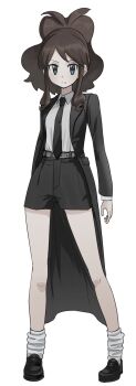 Rule 34 | 1girl, asamaru1225, black jacket, black necktie, black shoes, brown hair, full body, highres, hilda (pokemon), jacket, looking at viewer, necktie, nintendo, pokemon, pokemon bw, ponytail, shirt, shoes, short shorts, shorts, sidelocks, simple background, socks, solo, standing, white background, white shirt, white socks
