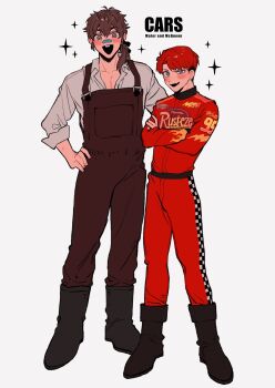 Rule 34 | 2boys, bandaid, bandaid on face, bandaid on nose, blue eyes, brown hair, brown overalls, brown shoes, buck teeth, cars (movie), character name, commentary request, copyright name, earrings, full body, grey shirt, highres, jewelry, jumpsuit, lightning mcqueen, looking at viewer, male focus, multiple boys, neg 50asu, overalls, pectoral cleavage, pectorals, personification, red hair, red jumpsuit, shirt, shoes, short hair, simple background, sparkle, standing, teeth, tow mater