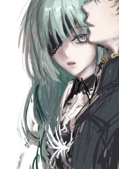 1boy 1girl black_jacket chew_x chinese_commentary commentary_request expressionless eyepatch green_hair jacket lace_trim long_hair looking_at_viewer male_rover_(wuthering_waves) multicolored_eyes one_eye_covered out_of_frame parted_lips phrolova_(wuthering_waves) profile rover_(wuthering_waves) simple_background sketch solo_focus symbol-shaped_pupils white_background white_eyes wing_collar wuthering_waves