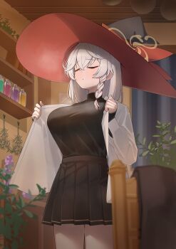 1girl :o absurdres black_skirt blue_archive blush braid breasts closed_eyes crossed_bangs eri_(blue_archive) fukujin hair_between_eyes halo hat highres large_breasts long_hair open_clothes open_shirt pleated_skirt red_hat shirt shirt_under_shirt sidelocks single_braid skirt solo steaming_body tented_shirt turtleneck turtleneck_shirt white_shirt witch_hat yellow_halo