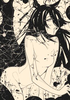 1girl animal_ears artist_name completely_nude cracked_skin ear_ornament ear_tag earrings hair_between_eyes highres horse_ears horse_girl jewelry long_bangs long_hair long_hair_between_eyes manhattan_cafe_(umamusume) no_nipples no_pussy nude quaint_uplet signature single_earring solo umamusume very_long_hair