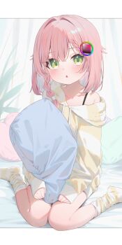 1girl :o blush braid collarbone color_picker color_wheel_hair_ornament commission green_eyes hair_between_eyes hair_ornament highres hugging_object indie_virtual_youtuber long_sleeves looking_at_viewer no_shoes nufucha_(vtuber) off_shoulder parted_lips pillow pillow_hug pink_hair plant single_braid sitting skeb_commission sleeves_past_wrists socks solo striped_clothes striped_socks striped_sweater sweater tofu1601 virtual_youtuber wariza white_socks