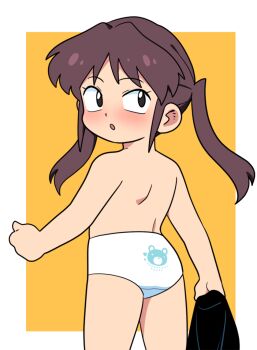 1girl animal_print ass back-print_panties bear_print black_dress black_eyes blush brown_hair dress from_behind heart heart_print holding holding_unworn_clothes loli long_hair looking_back open_mouth original panties print_panties sidelocks standing topless_female twintails underwear unworn_dress white_panties yellow_background yume_yoroi