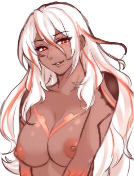 1girl ai_the_somnium_files ai_the_somnium_files:_nirvana_initiative breasts completely_nude dark-skinned_female dark_skin female_focus hair_between_eyes highres large_breasts long_hair looking_at_viewer mole mole_under_mouth multicolored_hair nipples nude red_eyes red_hair smile solo streaked_hair tama_(ai_the_somnium_files) tridisart upper_body white_hair