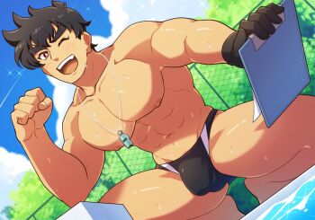 1boy abs aopanda bara black_gloves black_hair black_male_swimwear blush bright_pupils bulge chain-link_fence clenched_hand clipboard fence forked_eyebrows gloves holding holding_clipboard jigoku_sensei_nube large_pectorals looking_at_viewer male_focus male_swimwear muscular muscular_male nipples nueno_meisuke one_eye_closed pectorals poolside red_eyes short_hair single_glove smile solo sparkle squatting sweat swim_briefs teeth thick_eyebrows upper_teeth_only whistle whistle_around_neck white_pupils