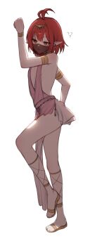 1girl absurdres anklet antenna_hair arm_up armlet backless_dress backless_outfit bare_shoulders bracelet circlet commission dancer dress dungeon_and_fighter eclipse_(dungeon_and_fighter) female_mage_(dungeon_and_fighter) full_body gadeung_hye harem_outfit highres jewelry leg_up mouth_veil original pelvic_curtain pink_dress pointy_ears red_eyes red_hair revealing_clothes sandals short_hair simple_background solo summoner_(dungeon_and_fighter) thighs veil white_background