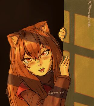 1girl :o alternate_costume animal_ear_fluff animal_ears artist_name blush brown_hair brown_shirt commentary double-parted_bangs eyelashes hair_between_eyes hand_on_wall highres long_hair long_sleeves looking_at_viewer open_mouth peeking_out raccoon_ears raccoon_girl raccoon_tail raised_eyebrows raphtalia red_eyes red_vest shadow shirt signature solo sosasteri straight-on straight_hair tail tate_no_yuusha_no_nariagari teeth tongue upper_body upper_teeth_only vest watermark