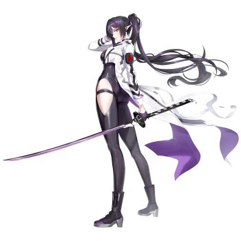 1girl ass belt black_hair bodysuit boots closers clothing_cutout full_body gloves halterneck hand_on_own_head highres impossible_pants jacket leg_cutout official_art pointy_ears ponytail sideways_glance standing sword triss_(closers) weapon