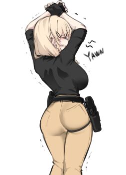 Rule 34 | 1girl, absurdres, arms up, belt, black belt, black gloves, blonde hair, breasts, brown pants, closed eyes, commentary, english commentary, facing away, fingerless gloves, from behind, gloves, gun, hair ornament, hairclip, handgun, highres, holster, k0ng, large breasts, light blush, long hair, merc-san (k0ng), motion lines, open mouth, original, own hands together, pants, pocket, sidelocks, simple background, sleeves rolled up, solo, sound effects, stretching, thigh holster, tight clothes, tight pants, trembling, weapon, white background, yawning