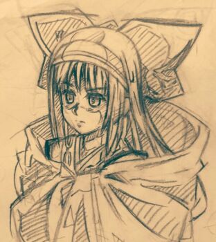 1girl ainu_clothes cloak hair_ribbon long_hair monochrome nakoruru ribbon samurai_spirits serious sketch snk solo the_king_of_fighters the_king_of_fighters_xv traditional_media