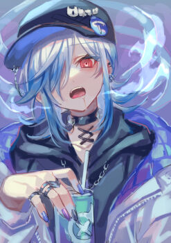 1girl black_hat black_hoodie blue_nails can commentary_request drink_can drooling grey_nails hair_over_one_eye hat highres hood hood_diwn hood_down hoodie jacket long_sleeves medium_hair multicolored_nails nail_polish off_shoulder open_clothes open_jacket open_mouth original piercing purple_nails red_eyes solo suzaku_(zaku6584) upper_body white_jacket