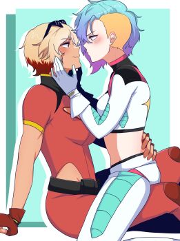 Rule 34 | 2girls, akasukiane04, asymmetrical hair, blonde hair, blue hair, brown eyes, commentary, commission, commissioner upload, gloves, hand on another's waist, highres, luna (spacyluna), medium hair, midriff, multicolored hair, multiple girls, pink eyes, pout, purple hair, red hair, second-party source, short hair, sidecut, simple background, sitting, sitting on lap, sitting on person, solaire (spacyluna), star (symbol), sunglasses, tan, undercut, yuri