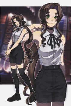 Rule 34 | 1girl, absurdres, aerith gainsborough, black choker, black ribbon, brown hair, chainsaw man, choker, collared shirt, cosplay, cowboy shot, curly sidelocks, curtained hair, final fantasy, final fantasy vii, full body, grenade pin, hair rings, hand up, high-waist shorts, highres, loafers, long sidelocks, looking at viewer, mochee bi, multiple views, neck ribbon, outline, own hands together, ponytail, reze (chainsaw man), reze (chainsaw man) (cosplay), ribbon, shirt, shoes, shorts, sidelocks, sleeveless, smile, thighhighs, white outline, white shirt, zettai ryouiki