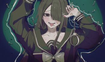 ame-chan_(needy_girl_overdose) ame-chan_(school_uniform)_(needy_girl_overdose) arm_over_head arm_over_shoulder bandage_on_face bandages black_hair black_serafuku blunt_bangs blush bow bowtie chalk_outline collarbone cuffs hair_ornament hair_over_one_eye handcuff_dangle handcuffs highres long_hair long_sleeves looking_at_viewer lying multiple_monochrome nail_(hardware) neck_ribbon needy_girl_overdose official_alternate_costume on_back on_floor open_mouth out_of_frame outline pao_(i_loxe_u) pink_nails ribbon school_uniform serafuku single_handcuff spotlight sweat tongue tongue_out white_outline x_hair_ornament