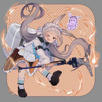 Rule 34 | 1girl, absurdres, animal ears, arknights, brown hair, cuddz, dress, frilled hairband, frills, grey hair, hairband, highres, holding, long hair, long sleeves, looking at viewer, open mouth, orange eyes, rabbit ears, rabbit girl, ribbon, shirt, skirt, smile, solo, warmy (arknights)