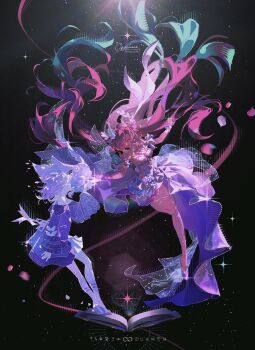 2girls bare_shoulders book breasts commentary_request cyrene_(aedes_elysiae)_(honkai:_star_rail) cyrene_(honkai:_star_rail) cyrene_(ripples_of_past_reverie)_(honkai:_star_rail) dress dual_persona flower hair_flower hair_ornament halo high_heels highres honkai:_star_rail honkai_(series) large_breasts mem_(honkai:_star_rail) multiple_girls omces96 open_book pink_hair thighs white_dress