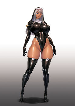 1girl black_gloves black_leotard black_thighhighs blue_eyes blunt_bangs cameltoe covered_erect_nipples dark-skinned_female dark_skin full_body gloves gluteal_fold grey_hair highleg highleg_leotard impossible_clothes latex latex_gloves latex_leotard latex_thighhighs leotard long_hair looking_at_viewer nun nun_headdress original puffy_short_sleeves puffy_sleeves rindou_(radical_dream) shiny_skin short_sleeves skindentation solo standing thick_thighs thighhighs thighs