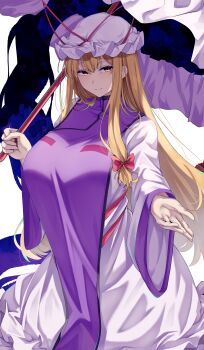 1girl absurdres blonde_hair bow breasts commentary_request dress gap_(touhou) hair_bow hat hat_ribbon highres holding large_breasts long_hair looking_at_viewer mirufi_(milfiiiiyu) mob_cap outstretched_hand paid_reward_available parasol purple_tabard red_bow red_ribbon ribbon smile solo tabard touhou umbrella white_background white_dress white_hat wide_sleeves yakumo_yukari yellow_eyes