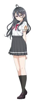 1girl ahoge anime_coloring black_eyes black_hair black_skirt black_socks bow bowtie brown_shoes closed_mouth collared_shirt full_body hair_between_eyes jacket kimishima_ayano kneehighs loafers long_hair looking_at_viewer murota_yuuhei official_art pleated_skirt red_bow red_bowtie school_uniform shirt shirt_tucked_in shoes short_sleeves simple_background skirt smile socks solo standing tokidoki_bosotto_roshia-go_de_dereru_tonari_no_alya-san transparent_background vest white_shirt
