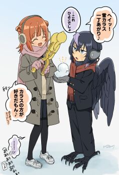 Rule 34 | 1boy, 1girl, aki (korisumochi), animal feet, bird legs, bird wings, black hair, black wings, blue background, blue eyes, claws, coat, commentary request, double bun, earmuffs, feathered wings, grey coat, hair bun, highres, korisumochi, looking at another, neck feathers, orange hair, original, outdoors, scarf, short hair, snow, snow duck, snowball scooper, standing, talons, translation request, wings, yuzu (korisumochi)