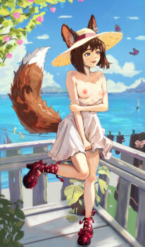 1girl balcony bare_shoulders blue_eyes blush breasts brown_hair bug butterfly clothes_pin clothes_pull clothesline cloud cloudy_sky day dress dress_pull fangs flower hat heterochromia highres insect laundry miserel monarch_butterfly nipples ocean original outdoors plant potted_plant purple_eyes red_shoes scenery shoes sky sleeveless sleeveless_dress small_breasts solo spaghetti_strap standing standing_on_one_leg sun_hat sundress topless_female tree white_dress