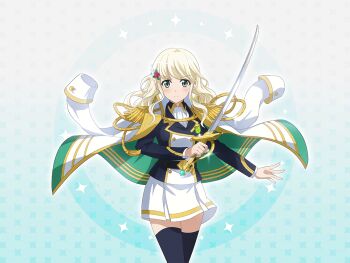 1girl aqua_eyes black_jacket black_thighhighs blonde_hair closed_mouth epaulettes frown game_cg hair_ornament holding holding_sword holding_weapon jacket jacket_on_shoulders long_hair long_sleeves looking_at_viewer official_art shoujo_kageki_revue_starlight shoujo_kageki_revue_starlight_-re_live- skirt solo standing sword thighhighs upper_body v-shaped_eyebrows weapon white_jacket white_skirt yumeoji_shiori