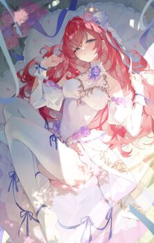 1girl absurdres bare_shoulders blue_eyes commission covered_navel crown detached_sleeves dress flower hair_flower hair_ornament hands_up highres long_hair long_sleeves looking_at_viewer lumo_1121 lying mini_crown mixed-language_commentary no_shoes original parted_lips pink_flower pink_rose purple_flower purple_rose red_hair rose solo thighhighs white_dress white_thighhighs