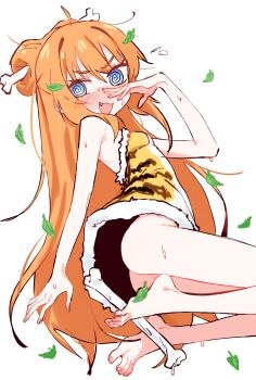 1girl :3 :d @_@ animal_print averting_eyes bare_arms bare_legs bare_shoulders barefoot blue_eyes blush bone_hair_ornament breasts cartoon_bone convenient_censoring dress eds embarrassed falling_leaves fang fang_guu feet fingernails flying_sweatdrops from_side fur-trimmed_dress fur_trim hair_bun hair_ornament hair_stick hand_up highres indie_virtual_youtuber leaf legs long_hair no_panties open_mouth orange_hair print_dress pussy pussy_peek short_dress simple_background small_breasts smile solo spread_toes strapless strapless_dress sweat thighs tiger_print toenails toes v-shaped_eyebrows very_long_hair virtual_youtuber yellow_dress