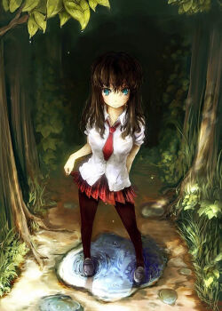 1girl blue_eyes brown_hair dress_shirt female_focus forest loafers long_hair messy_hair nagamine_(catoko) nature necktie original pantyhose path pleated_skirt puddle road shirt shoes skirt skirt_hold solo tree water_drop wet wet_hair
