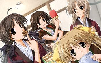 black_bow blonde_hair bow brown_hair eating futami_shion highres ibuki_minamo imasaka_yue long_hair looking_at_viewer memories_off memories_off_1 memories_off_2nd non-web_source official_art shirakawa_hotaru short_hair sleeves_rolled_up smile smirk twintails yellow_bow