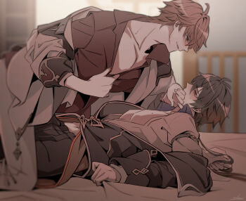 2boys absurdres bed_sheet blush caressing_hair embarrassed genshin_impact hand_to_own_mouth highres imminent_penetration lying multiple_boys on_back on_bed open_clothes open_shirt pixiv sheet_grab shisui53 tartaglia_(genshin_impact) yaoi zhongli_(genshin_impact)