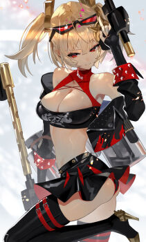 Rule 34 | 1girl, bare shoulders, black boots, black panties, black shirt, black skirt, blonde hair, boots, breasts, burnice white, cleavage, closed mouth, collar, commentary, crop top, dual wielding, eyewear on head, flamethrower, from side, hair between eyes, holding, holding flamethrower, holding weapon, large breasts, looking at viewer, orange-tinted eyewear, panties, red collar, red eyes, scottie (phantom2), shirt, short hair, skirt, smile, solo, sunglasses, thigh boots, thighs, tinted eyewear, twintails, underwear, weapon, zenless zone zero