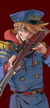 Rule 34 | 1boy, animification, belt, belt buckle, blue coat, blue hat, brown hair, buckle, buttons, coat, commentary, crazy eyes, double-breasted, drawstring, eddsworld, epaulettes, flipped hair, grey eyes, grin, gun, hair ears, hat, highres, holding, holding gun, holding weapon, hood, hood down, hoodie, kuangzihaixing, long sleeves, looking at viewer, male focus, military coat, military hat, military uniform, red background, red belt, red hoodie, red leader (eddsworld), short hair, simple background, smile, solo, tord (eddsworld), untranslatable commentary, upper body, weapon