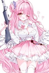 Rule 34 | 1girl, ;d, absurdres, blue archive, blush, breasts, brown eyes, cleavage, commentary request, crescent, feathered wings, flower, gun, hair bun, hair flower, hair intakes, hair ornament, hands up, heart, highres, holding, holding gun, holding weapon, lanchester smg, large breasts, long hair, long sleeves, looking at viewer, mika (blue archive), one eye closed, open mouth, pink hair, pink skirt, purple flower, simple background, single side bun, skirt, smile, solo, submachine gun, tandohark, thighhighs, very long hair, weapon, white background, white skirt, white thighhighs, white wings, wings
