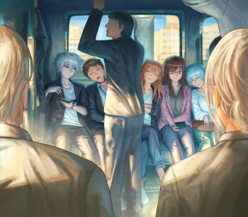 4girls 5boys absurdres ayanami_rei brown_hair cosplay evangelion:_3.0+1.0_thrice_upon_a_time glasses highres ikari_shinji long_hair makinami_mari_illustrious multiple_boys multiple_girls nagisa_kaworu neon_genesis_evangelion orange_hair rebuild_of_evangelion red_eyes short_hair sleeping souryuu_asuka_langley train_interior twckb watch white_hair