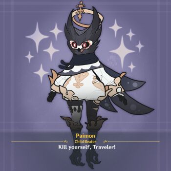 1boy blue_scarf commentary cosplay crossdressing crossover demon_boy english_commentary furry furry_female genshin_impact halo hellaverse helluva_boss highres owl_boy paimon_(genshin_impact) paimon_(helluva_boss) red_eyes romper scarf sparkle umnokorito white_romper