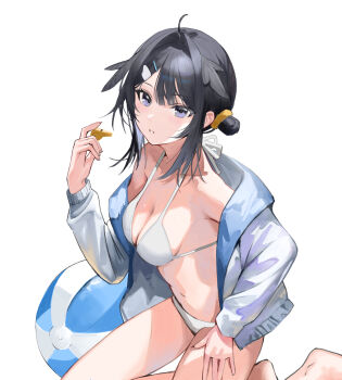 1girl absurdres ahoge arknights ball bare_shoulders beachball bikini black_eyes black_hair breasts cleavage feather_hair hashtag-only_commentary highres jacket jacket_over_swimsuit jacket_partially_removed la_pluma_(arknights) la_pluma_(summer_flowers)_(arknights) looking_at_viewer medium_breasts navel official_alternate_costume open_clothes open_jacket s_4ik4 simple_background solo stomach swimsuit whistle white_background white_bikini